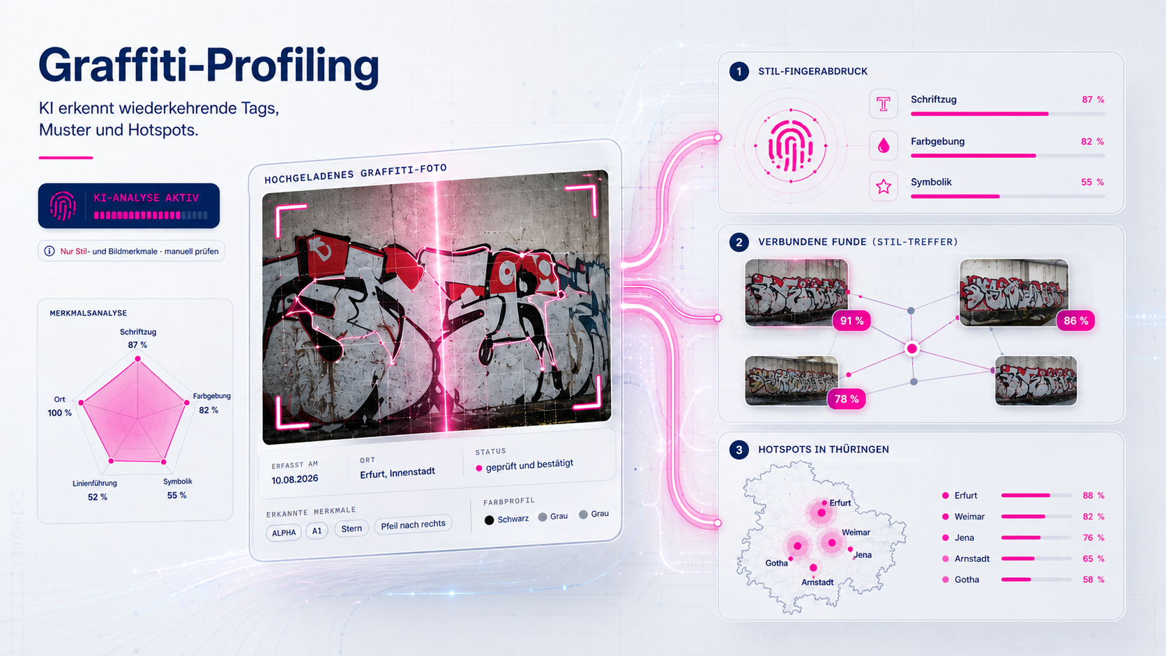 Graffiti-Profiling: Stil-Fingerabdruck mit Merkmalsanalyse, verbundene Funde mit Ähnlichkeitswerten und Hotspots in Thüringen