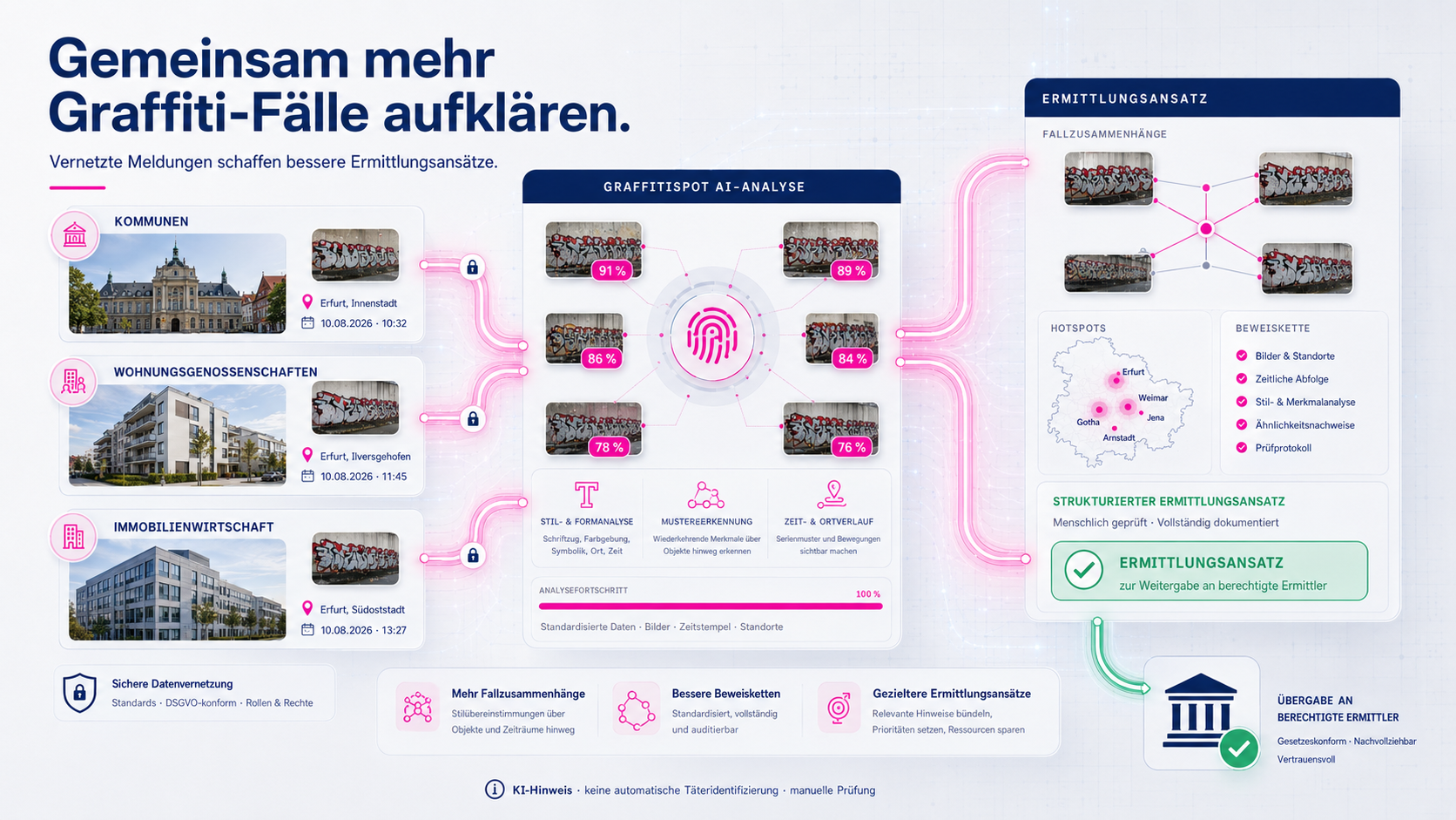 Vernetzte Meldungen von Kommunen, Wohnungsgenossenschaften und Immobilienwirtschaft führen über die GraffitiSpot KI-Analyse zu Fallzusammenhängen, Hotspots und einer dokumentierten Beweiskette