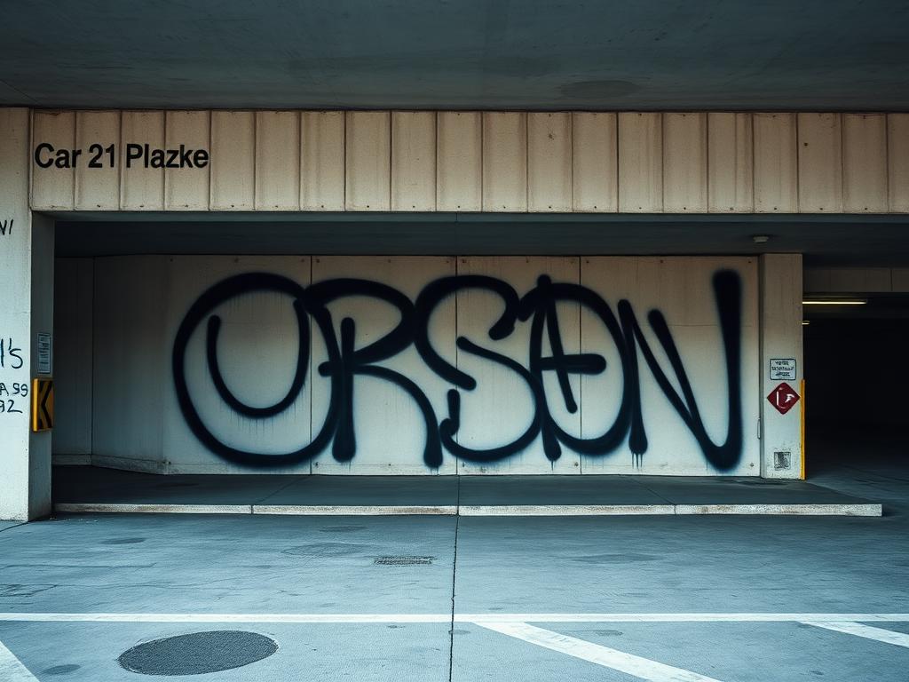 Großflächiger Graffiti-Schriftzug auf einer Sichtbetonwand am Tiefgaragenabgang