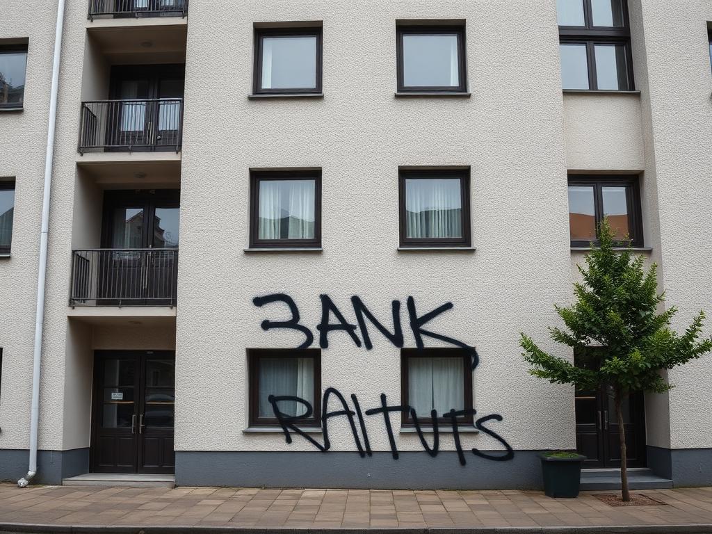 Schwarzer Graffiti-Schriftzug auf der Rauputzfassade einer Wohnanlage