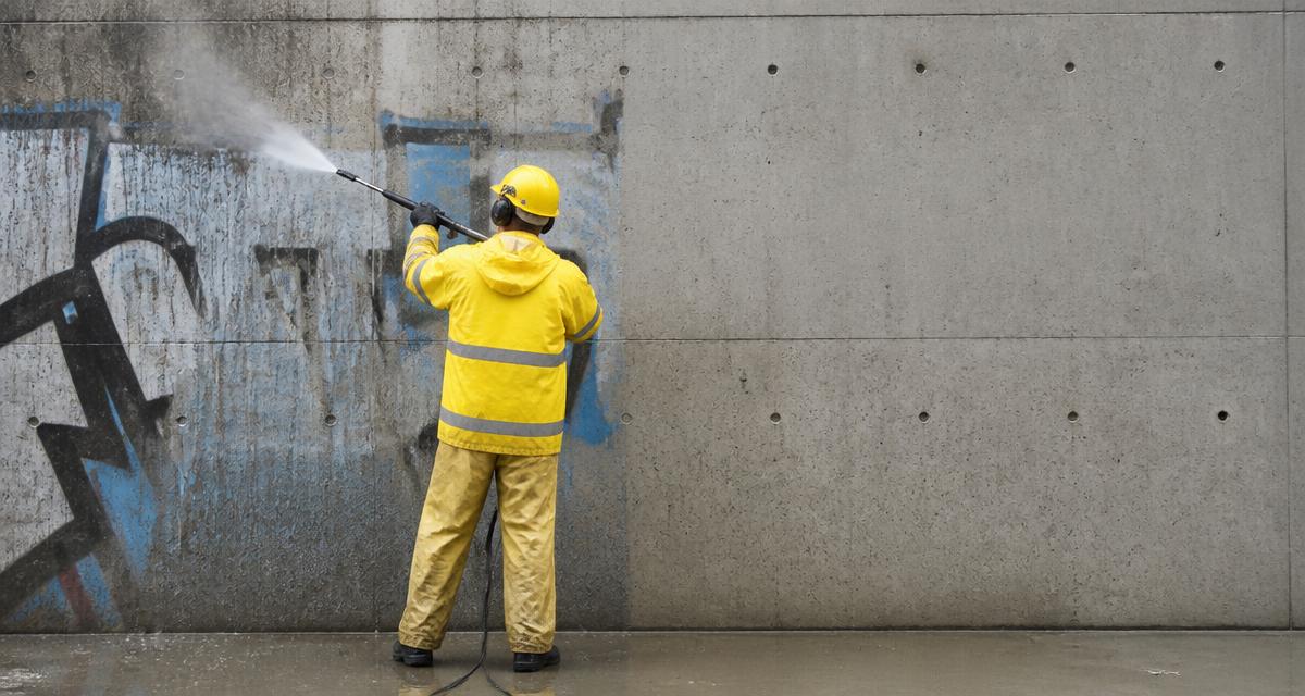 Fachkraft entfernt mit einer Hochdrucklanze Graffiti von einer Sichtbetonwand