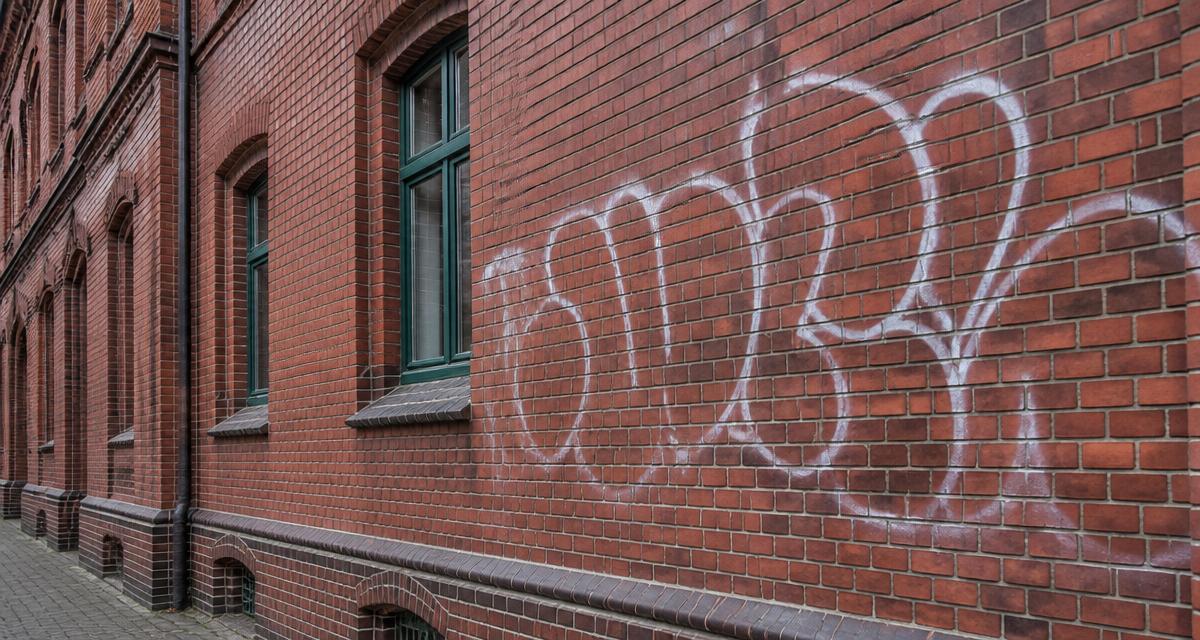 Rote Klinkerfassade mit weißem Graffiti-Tag über mehrere Steinreihen
