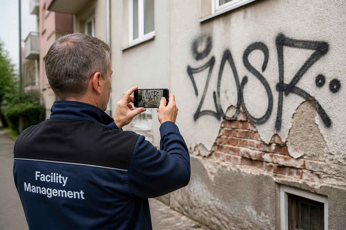 Mitarbeiter im Facility Management fotografiert mit dem Smartphone ein Graffiti und abgeplatzten Putz an einer Hausfassade