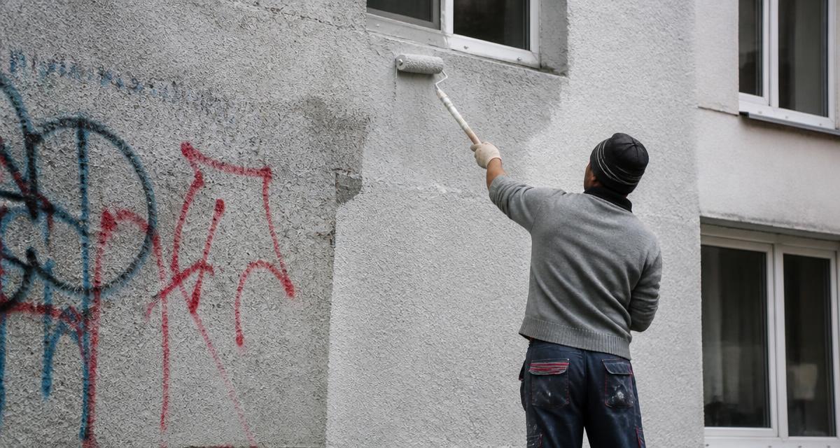 Maler überstreicht mit Rolle ein Graffiti auf einer strukturierten Rauputzfassade