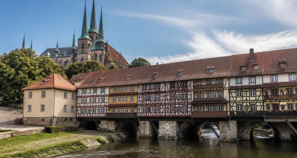 Erfurter Krämerbrücke mit historischen Fachwerkhäusern und dem Erfurter Dom im Hintergrund