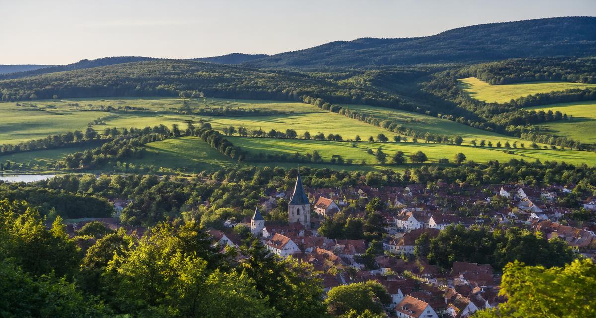 Thüringer Landschaft mit sanften Hügeln und einer kleinen Stadt im Tal